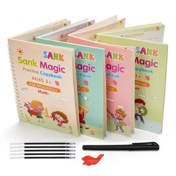 4 Kitap + Kalem Sihirli Kopya Kitap Ücretsiz Silme çocuk çocuklar Yazma Sticker Uygulama İngilizce Defterini Kaligrafi Montessori