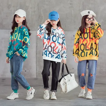 Kızlar Hoodies Tişörtü Çocuk Mektubu Baskı Üstleri Çocuklar Uzun Kollu Okul Kostüm Genç Kız Giyim 4 5 6 8 10 12 yıl