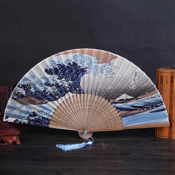 Ipek El Fan Montaj Kanagawa Dalgalar Japon yelpaze Cep Fan Düğün Aksesuarları Dekorasyon Hediye Olay Malzemeleri