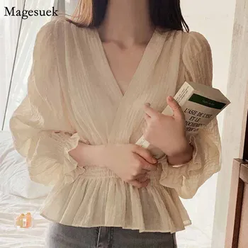Sonbahar Pilili Tatlı Ince Gömlek Casual kadın bluzları Kore Tarzı V Yaka Elastik Bel Zarif Puf Kollu Bluz Kadınlar Blusas 12728