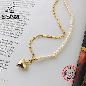 S'STEEL 925 Ayar Gümüş Kolye Kolye Kadınlar İçin Minimalist Aşk Kalp İnci Altın Zincir Gerdanlık Kolye Batı Takı