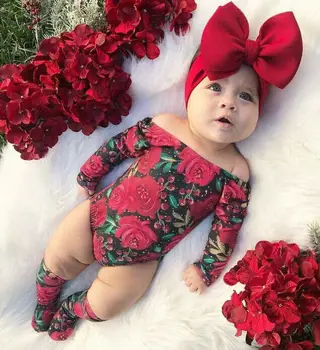 3 ADET Bebek Kız Çiçek Giysileri Yenidoğan kız Kapalı Omuz Uzun Kollu Romper Bandı Çorap Kıyafetler Set Bebek Çocuk 0-24M