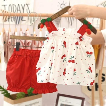 Bebek Kız Yaz Elbise 2022 Yeni çocuk giyim Kore Tarzı Kiraz Jartiyer Şort Moda İki parçalı Takım Elbise