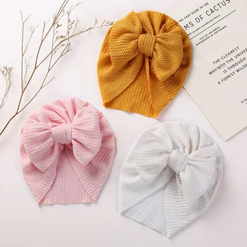2022 İlkbahar Sonbahar Bebek Şapka Türban Sevimli Yaylar Elastik Bebek Kız Şapka Bere Yenidoğan Yumuşak Pamuk Düz Renk Bebek Bebek Kapaklar