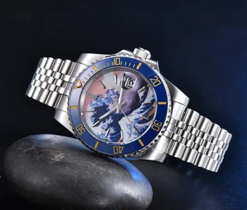 Lüks 40MM erkek Otomatik Mekanik İzle Kanagawa Dalga Arama Takvim Paslanmaz Çelik Kayış Otomatik erkek saati
