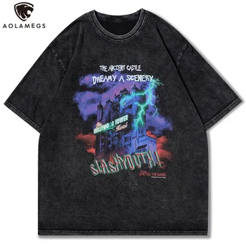 Aolamegs erkek T Shirt Mektup Baskı Diablo Grafik Sıkıntılı O-Boyun Tees Gevşek Retro Advance Yüksek Sokak Unisex erkek giyim