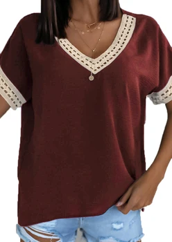 Bayan Casual Derin V Boyun T Shirt Dantel Kenar Tunik Kısa Kollu Bayanlar Gevşek Bluz için Tops