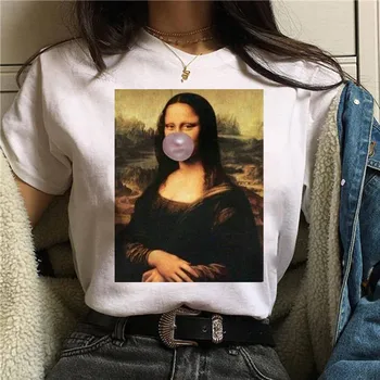 Mona Lisa Baskı Harajuku T Shirt Kadın Grunge Komik beyaz tişört Ullzang Vintage 90s Tshirt Yeni Moda En Tees Kadın