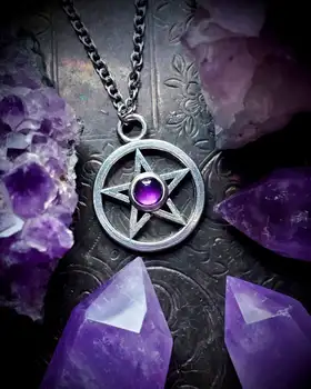 Ametist Pentagram Kolye, Wiccan Takı, Pentagramı Kolye, Cadı Takı, Büyücülük Muska, Gizli, Wicca, Pagan Kolye