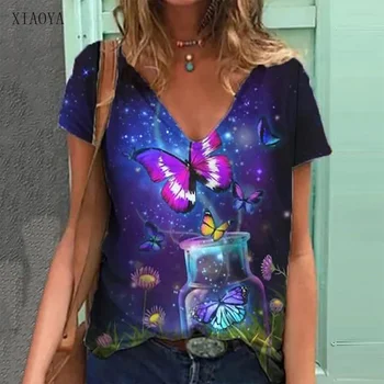 Yaz V Yaka Moda kadın T-Shirt Çiçek Kedi Baskı Kadın Kısa Kollu Seksi T Shirt Günlük Rahat Üst Streetwear Kadın Bluz