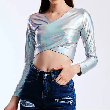 Metalik Renk Holografik T Shirt Kadın Uzun Kollu Criss Çapraz İslak Bak Kırpma Üst 2022 Sonbahar Moda Streetwear Seksi tshirt
