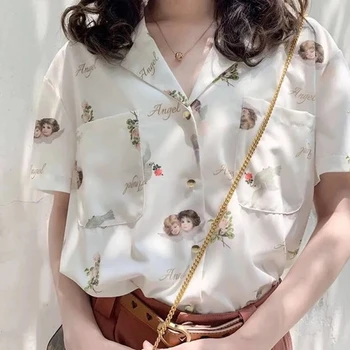 Vintage Grafik T Shirt Hip Hop Streetwear Düğme Kadın Tişörtleri Yaz Casual Tişörtleri Japon Ofis Bayan Harajuku Gömlek