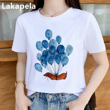 Yeni Yaz Kadın T-shirt Mavi Dachshund Köpek ve Balonlar Suluboya Sanat T shirt Casual Tops Kısa Kollu T shirt Kız İçin