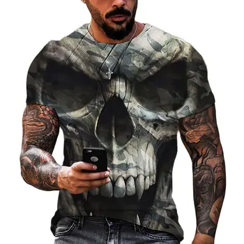 Moda Kafatası Grafik 3D Baskı Erkek t-shirt Yaz O Yaka Kısa Kollu Sokak Büyük Boy t-shirt Gevşek Üstleri Tee Erkek Giyim 6XL