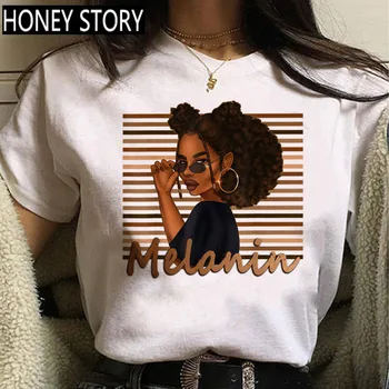 FİXSYS Kawaii Melanin T Gömlek Kadın Komik Siyah Afrika Kıvırcık Saç Kız Grafik tişört Estetik Tshirt Tees Çizgi film 