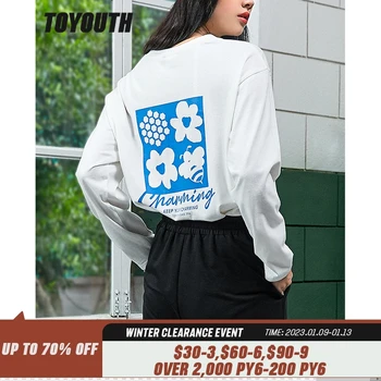 Toyouth Kadın Tees 2022 Sonbahar Uzun Kollu O Boyun bol tişört Beyaz Çiçekler Baskı Casual Streetwear Tops