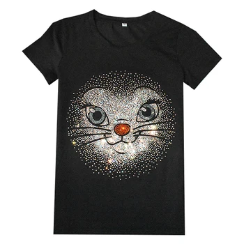 Sıcak Satış 2022 Yaz Tees Toptan Kısa Kollu Tasarım Kadın t-shirt Karikatür Kedi Shining Rhinestone O-Boyun bayanlar kadın t-shirt