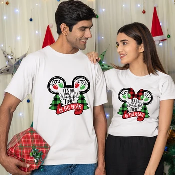 Disney Mickey Minnie Noel Estetik Baskılı Çift Elbise Moda Trendi Noel Vibes T-Shirt Kadın Temel Üstleri Dropship