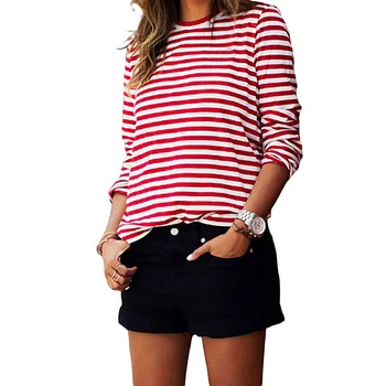 Kadınlar Kırmızı Beyaz Çizgili Casual Tops Uzun Kollu Yuvarlak Boyun Gevşek Gömlek Moda T-Shirt 2021 Yeni Moda