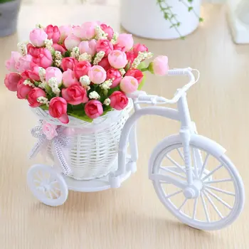 3 adet Yapay Gül Çiçek+vazo Kiti Rattan Bisiklet Sahte Meyve Çiçekler Masa Dekorasyon Ahşap Çit Yeşil Bitki Çiçek Seti