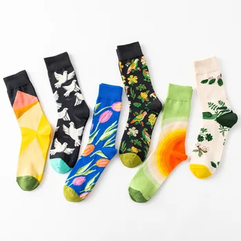 6 Çift / paket Moda Sanat Erkek Çorap Kadın Pamuk Güvercin Lale Kuş Yeşil Bitkiler Kore Harajuku Kawaii Ekip Renkli Çorap