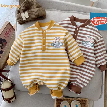 Mengoqq Çocuklar Bebek Kız Erkek Sonbahar Kış Kalınlaşmak Polar Sıcak Dış Giyim Bebek Nebworn Tulumlar Çizgili Romper 0-24 M