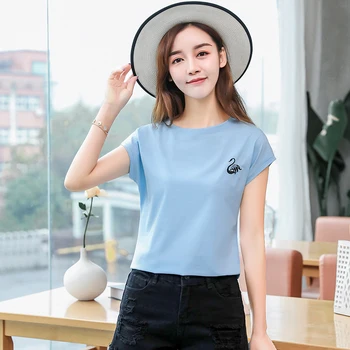 TuangBiang 2022 Bayan Yaz Nakış Pamuk T Shirt Kısa Kollu Moda İnce Tee Gömlek Batwing Kollu Kore Yeni sıfır yaka bluzlar