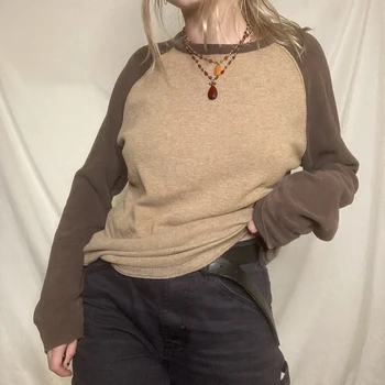 Sonbahar Kış Patchwork Tshirt y2k Vintage Örme Kazaklar Casual Harajuku Grunge Fairycore Kadın Tees Üst Giyim Streetwear