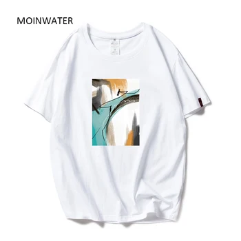 MOINWATER Kadınlar Marka Yeni T Shirt Renkli Baskı Bayan Rahat %100 % Pamuk Yaz Tees&Tops Kadın Moda T-shirt MT20067