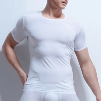 Erkekler Seksi İnce Sıkı Üstleri T-Shirt Sıkıştırma Tee Spor O-boyun Katı Kısa Kollu Buz İpek T Shirt Süper İnce Uyku Fanila