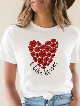 Kadın I Love Kisses Komik Baskı T-shirt Yaz Kız Y2K Harajuku Temel O-yaka beyaz tişört Bayan Streetwear Giysi, Damla Gemi