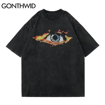 GONTHWID Sıkıntılı Tees Gömlek Yangın Alev Göz Baskı Kısa Kollu Tişörtleri Streetwear Hip Hop Harajuku Rahat Pamuk Gevşek Tops