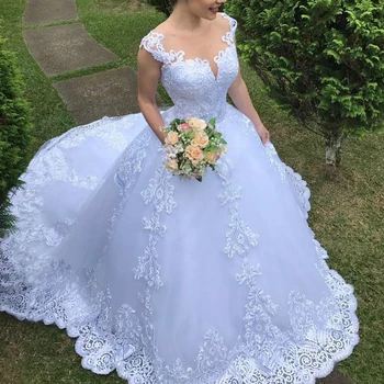 Ucuz Illusion Vestido De Noiva Yuvarlak Boyun Balo Prenses Aplikler Lüks düğün elbisesi düğün elbisesi Seksi Mariee Geri