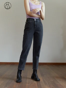 DUSHU kadın Kış Tüm Maç İnce Koyu Gri Konik Pantolon Kadın Retro Yüksek katlı Elastik Bel Streç Kot Düz Kalın Jean