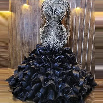 Artı Boyutu Mermaid Akşam Elbise Büyük Boncuklu Kristaller Ruffles Tren Illusion Uzun Kollu Balo Elbise Aso Ebi Pageant Törenlerinde