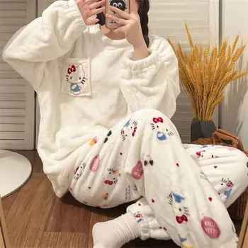 Kawaii Sanrio Peluş Pijama Hello Kittys Y2K Yumuşak Mercan Polar Loungewear 2 Parça Set Kazak Gömlek Pantolon kadın Noel