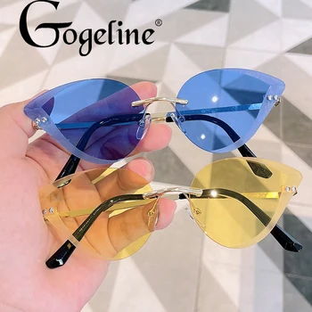 Moda Çerçevesiz Kedi Göz Güneş Gözlüğü Lüks Marka Tasarımcısı Kadın Metal güneş gözlüğü Bayan Trend Sunglass UV400 Shades Gözlük